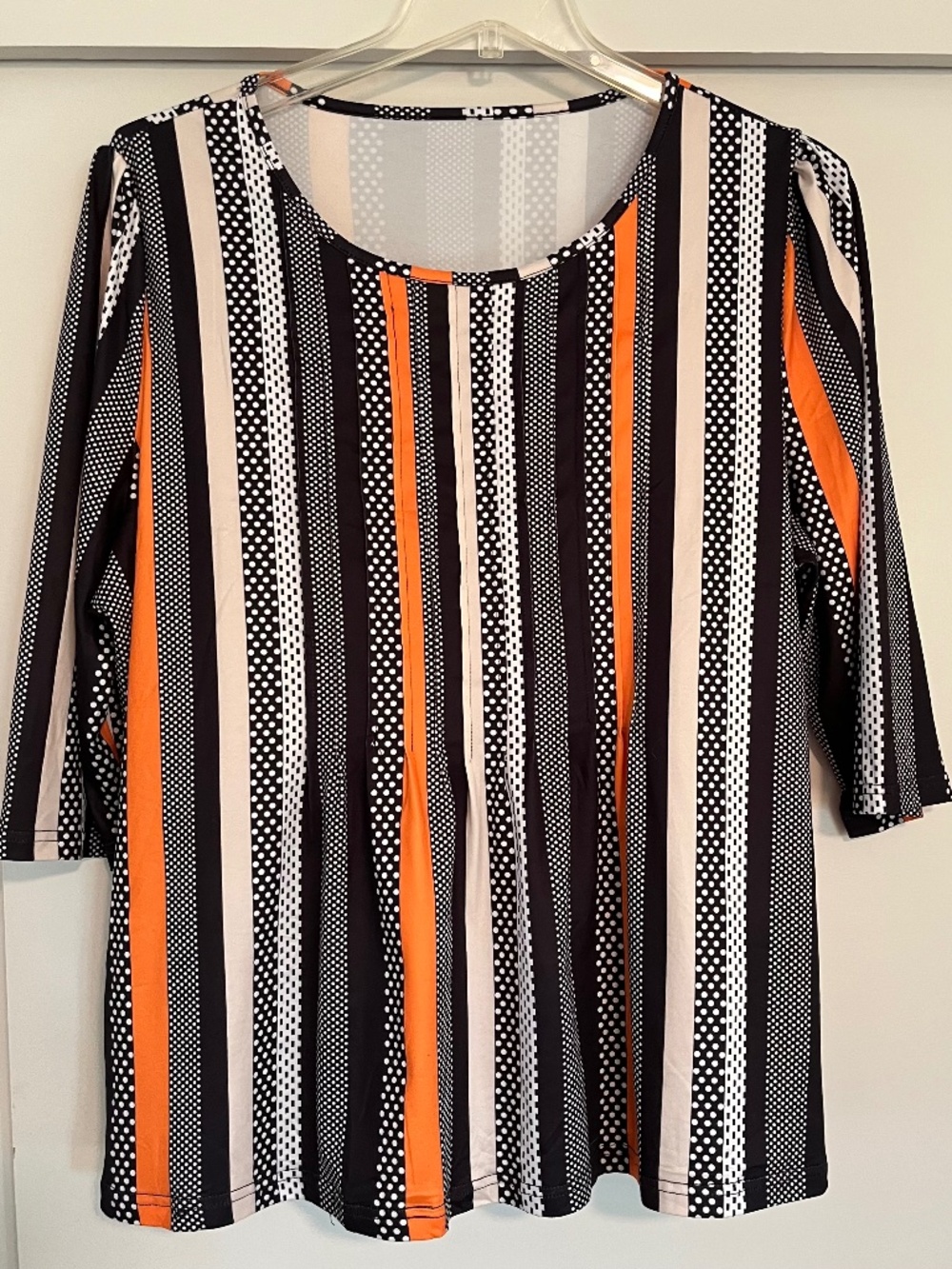 Boutique Style Tunic Top XXL Black White Orange Mixed Print Stretch Blouse